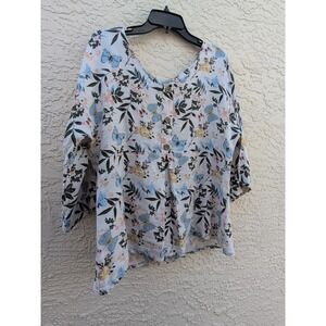 Laura‎ Bianchi Linen TopSize M? Floral Butterfly 3/4 Relaxed Sleeve Blouse